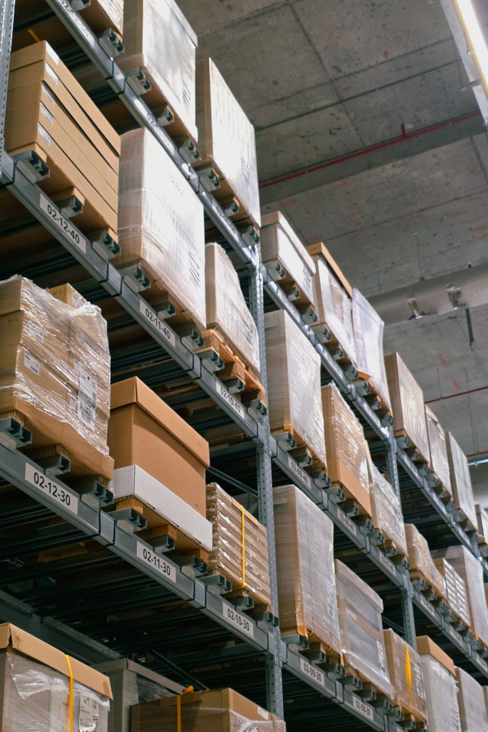 Warehouse shelving with packed boxes
